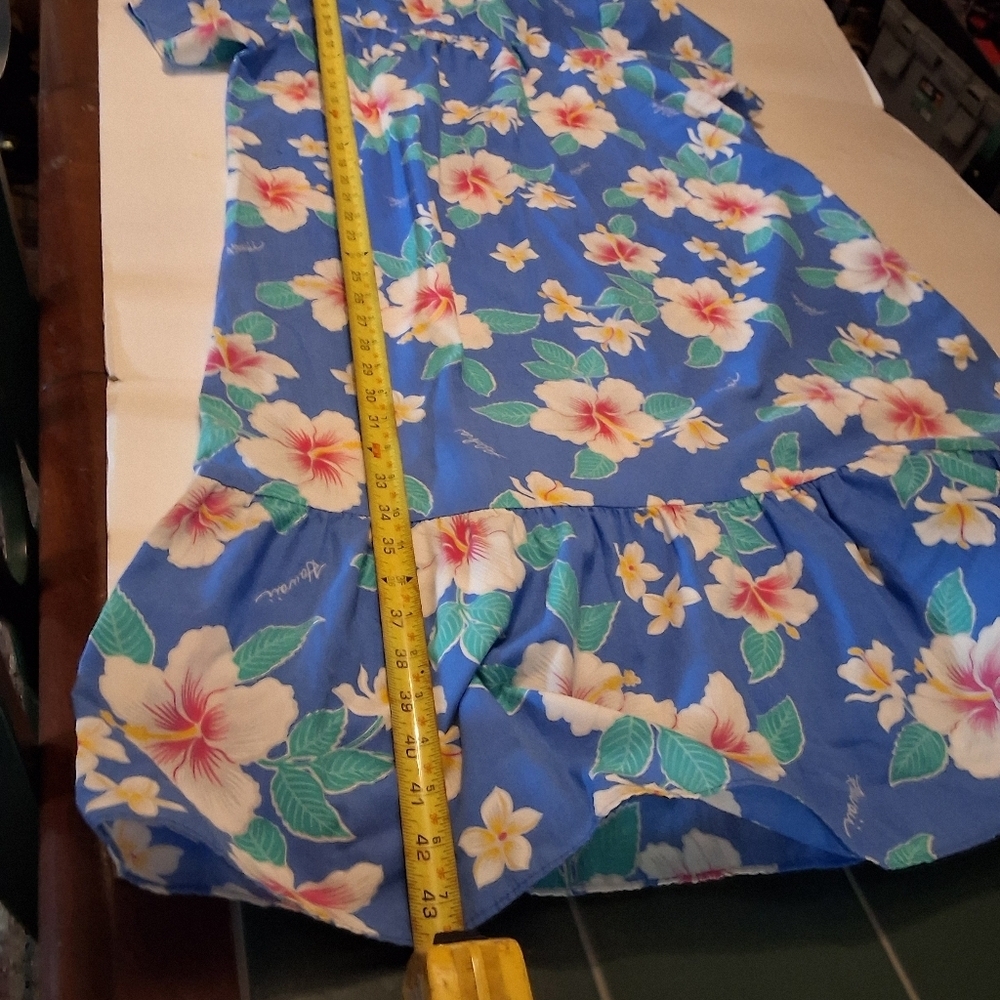 Vintage Hawaiian Blue Hibiscus Floral Puff Sleeve Ruffle Hem Dress XL - Picture 6 of 10